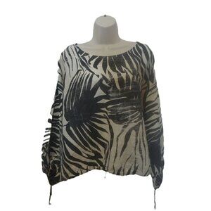 Bryan Walker Medium Linen Blend Black & White Hibiscus Top